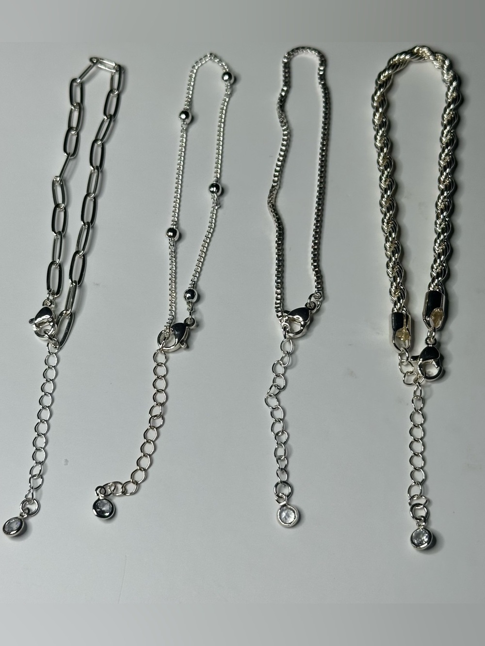 Silver Tone 4-Piece Stackable Bracelet Set | Paperclip Rope Beaded Box Chain
